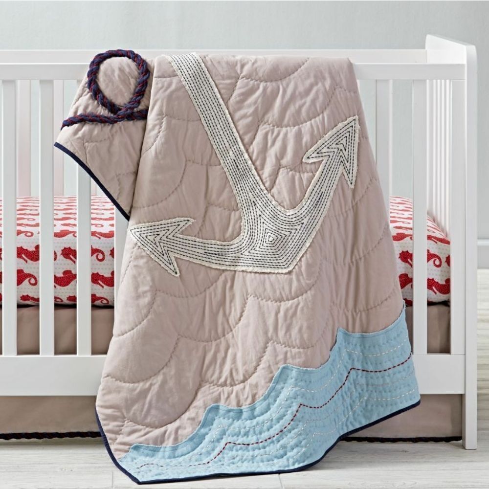 Land of Nod High Seas Crib Quilt blanket Anchor blue tan cotton quilt 40 x 50 in